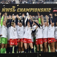 The Washington Spirit celebrate after beating the Chicago Red Stars to win the NWSL Championship in Louisville, Kentucky, on Saturday. | USA TODAY / VIA REUTERS