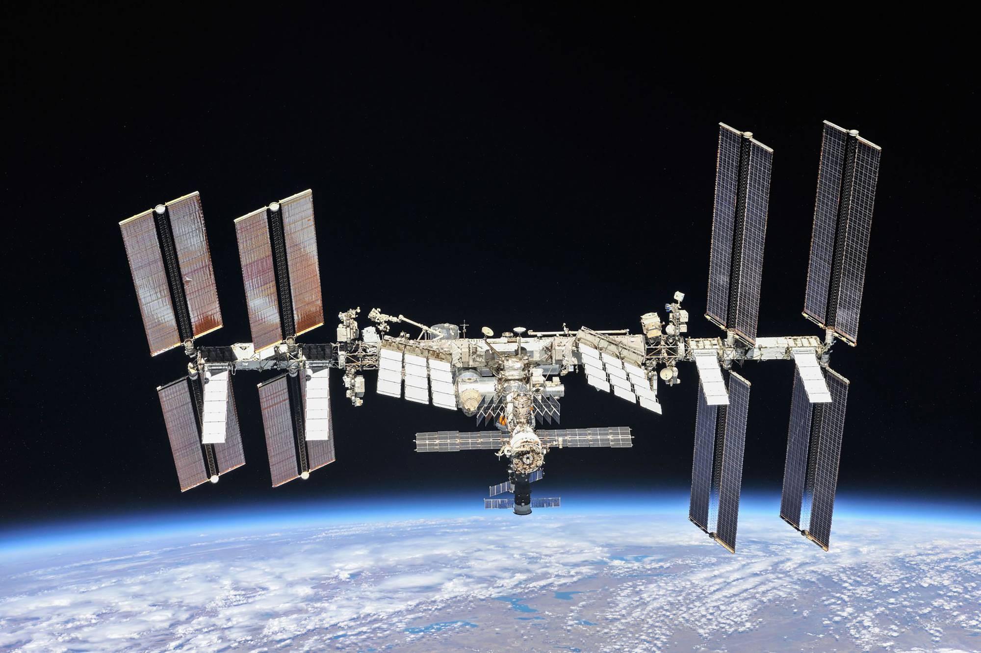 The International Space Station. Russia’s military used an anti-satellite weapon to obliterate a satellite in orbit, sending a vast cloud of debris zipping around Earth that puts the station at risk.   | NASA VIA / THE NEW YORK TIMES 
