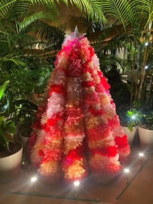 Japanese designer Tomo Koizumi's Ruffle Christmas Tree Dress is on display at Tokyo Edition, Toranomon hotel. | KYODO