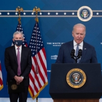 U.S. President Joe Biden announces Jerome Powell as his nominee for chair and Lael Brainard for vice chair of the Board of Governors of the Federal Reserve during an event at the White House in Washington on Monday. | AFP-JIJI