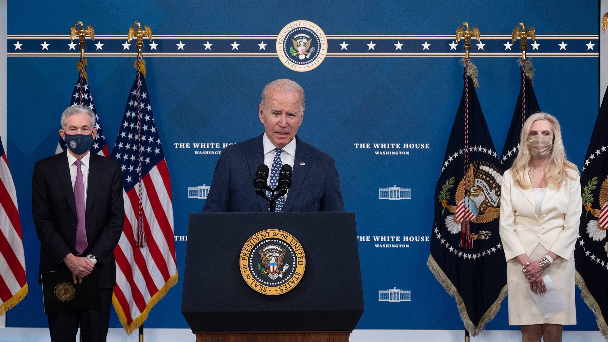 U.S. President Joe Biden announces Jerome Powell as his nominee for chair and Lael Brainard for vice chair of the Board of Governors of the Federal Reserve during an event at the White House in Washington on Monday. | AFP-JIJI