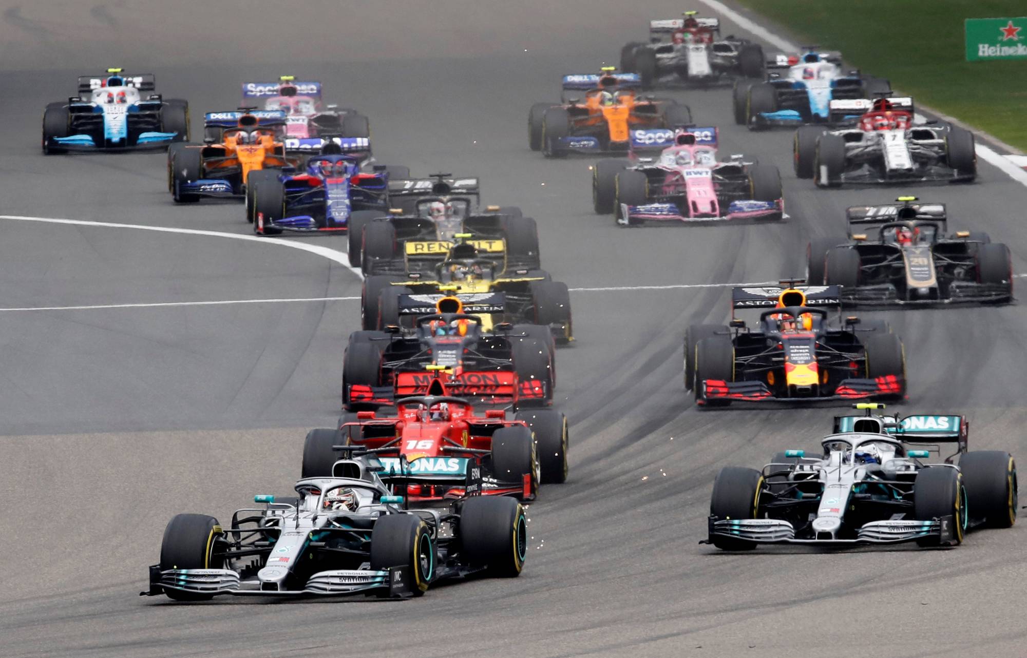 Mercedes' Lewis Hamilton leads at the start of the Chinese Grand Prix in Shanghai in April 2019. | Reuters