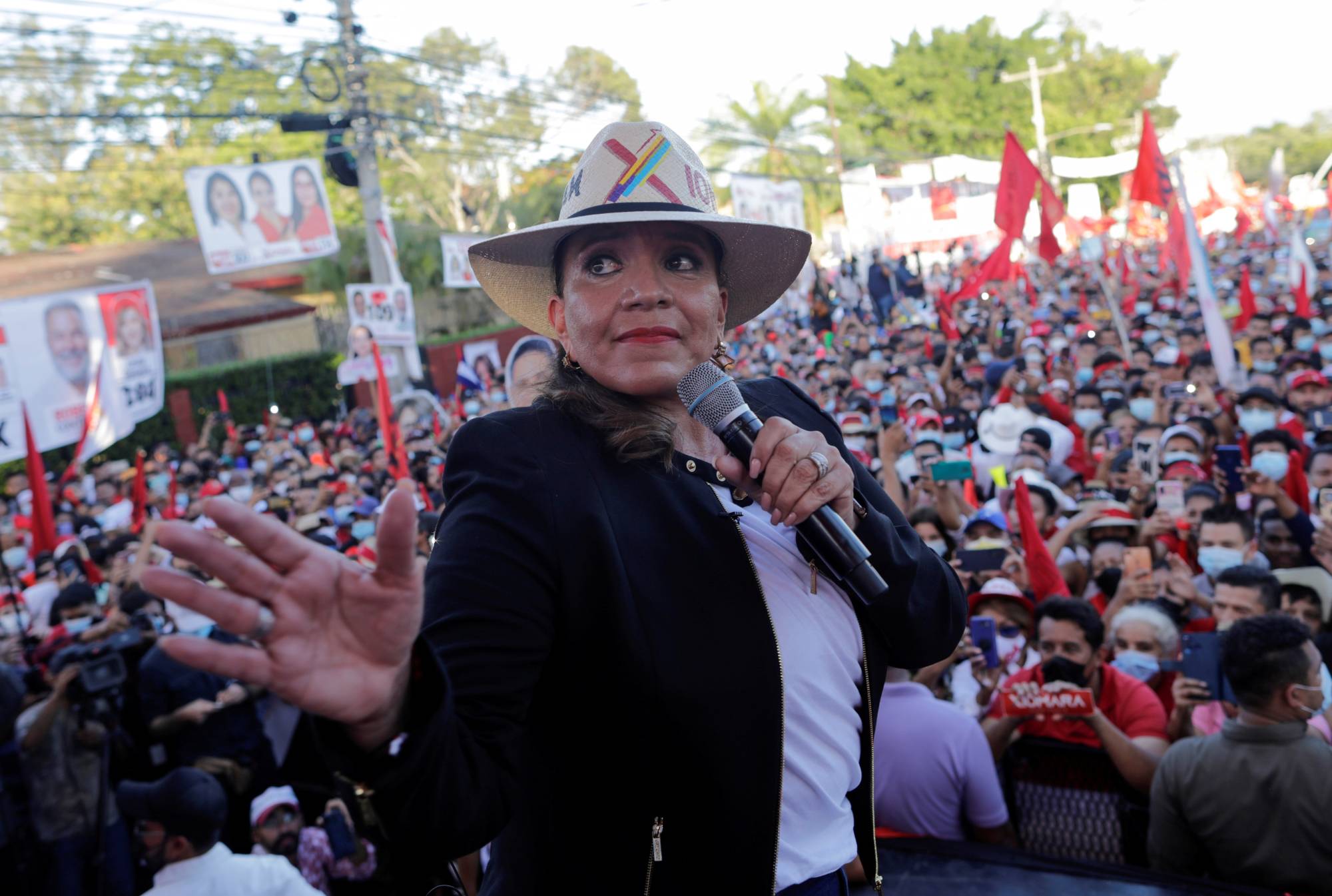 Xiomara Castro, presidential candidate for the opposition Libre Party, addresses supporters during the closing rally of her electoral campaign in San Pedro Sula, Honduras, on Nov. 20. | REUTERS