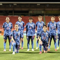 Nadeshiko Japan lines up before its friendly against the Netherlands in The Hague on Monday. | JAPAN FOOTBALL ASSOCIATION / VIA KYODO