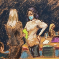 Ghislaine Maxwell talks with her attorneys during her trial on charges of sex trafficking, in a courtroom sketch in New York City, U.S., November 30, 2021.  | REUTERS