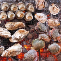 Oysters and other shellfish sizzle above the red-hot coals of a grill at Osatsu Kamado ama hut.  | STEPHEN MANSFIELD
