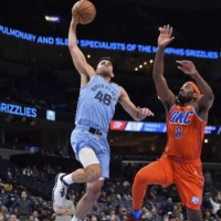 Grizzlies guard John Konchar goes up for a shot against the Thunder in Memphis on Thursday. | USA TODAY / VIA REUTERS