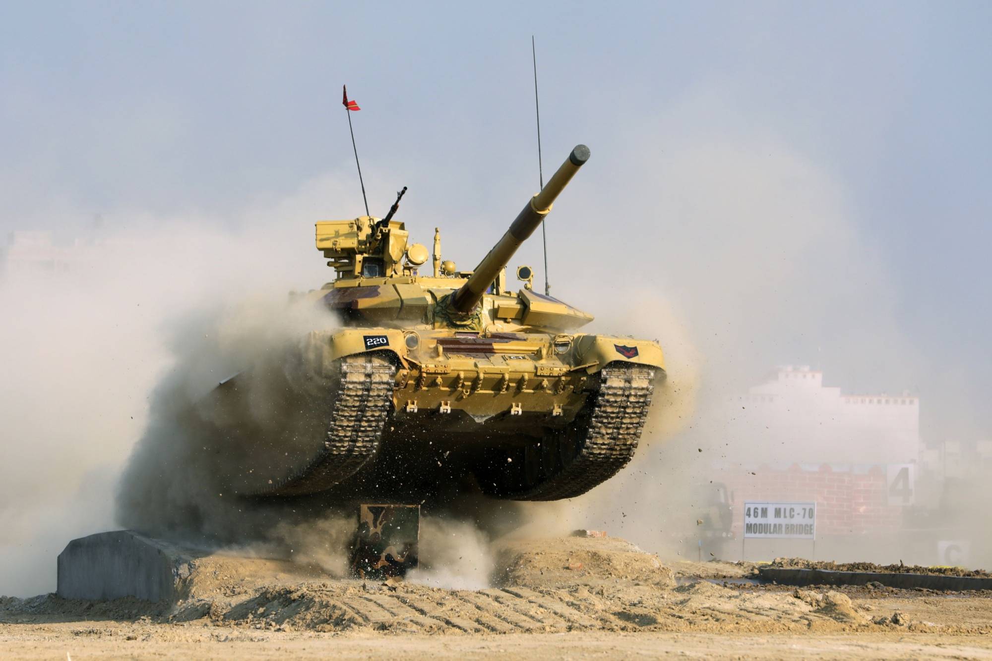An Indian Army Bhishma T-90 battle tank performs a demonstration during the DefExpo 20 in Lucknow, Uttar Pradesh, in 2020. | Bloomberg 