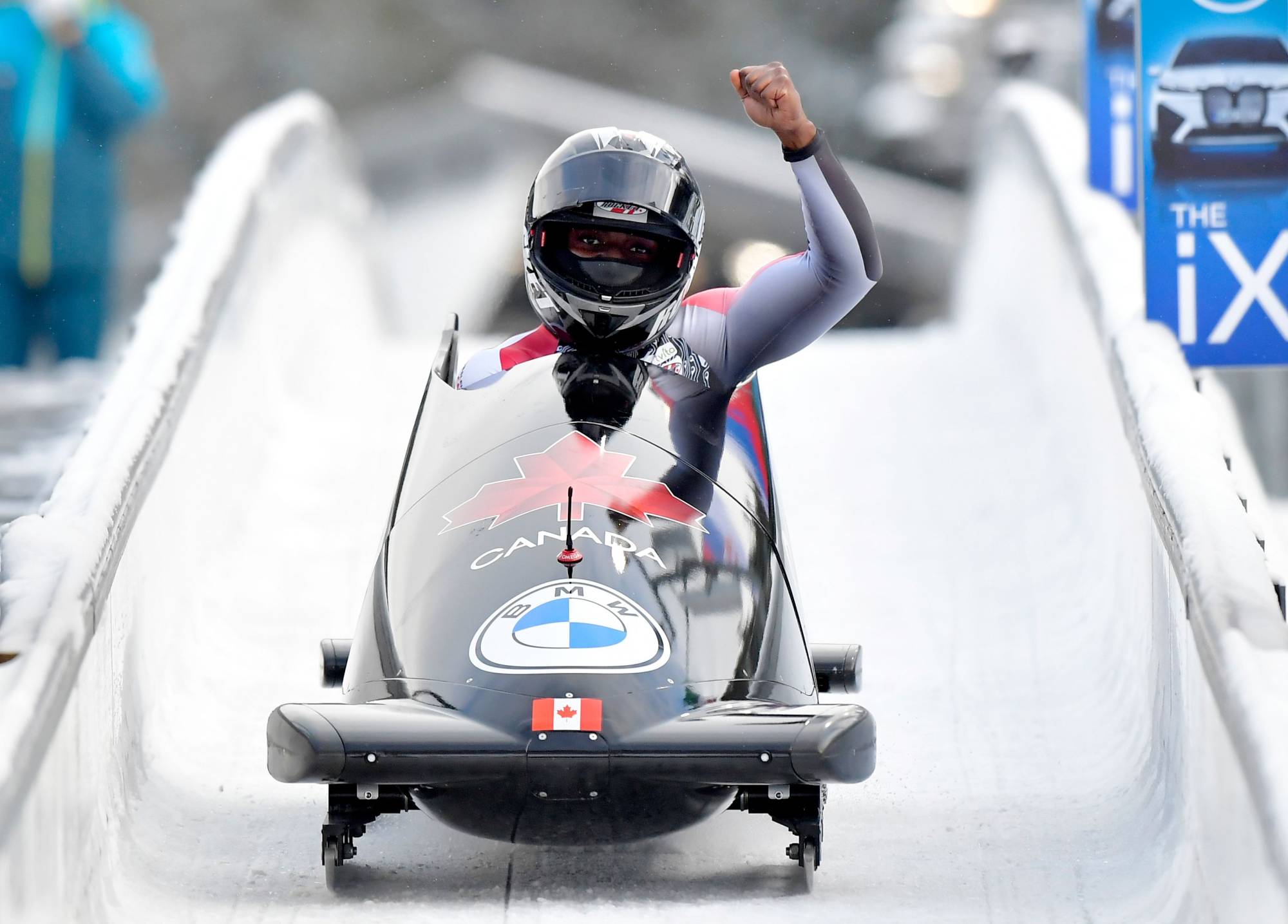 Canada's Cynthia Appiah reacts after her run in the women's monobob competition at an IBSF Bob and Skeleton World Cup Series event in Altenburg, Germany, on Saturday. | REUTERS