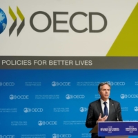 U.S. Secretary of State Antony Blinken speaks during a news briefing at the OECD\'s Ministerial Council Meeting in Paris in October.  | POOL / VIA REUTERS 