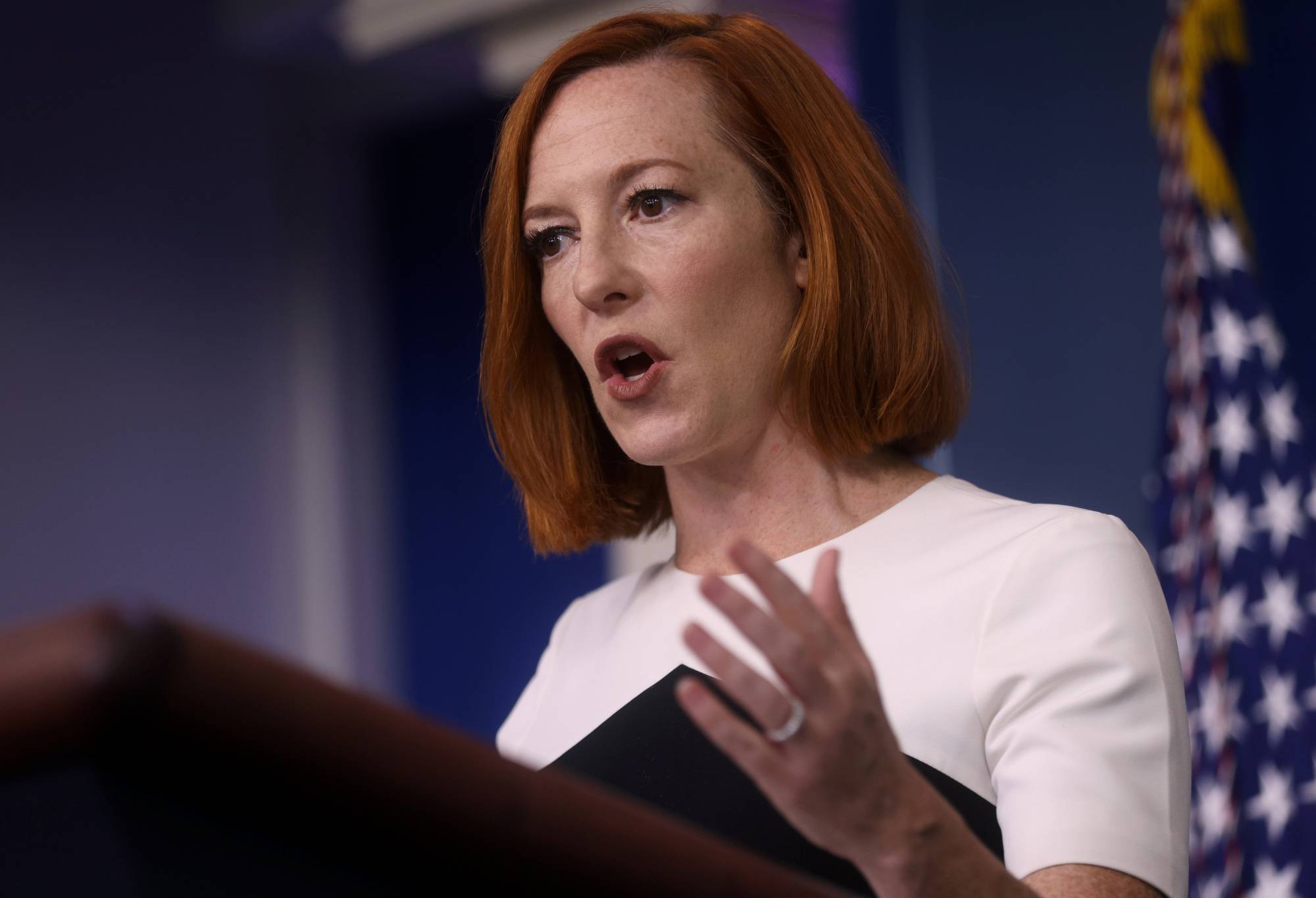 White House press secretary Jen Psaki holds a news briefing in Washington on Monday. | REUTERS