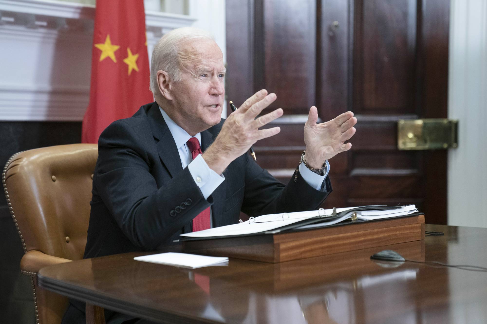 U.S. President Joe Biden speaks with Chinese President Xi Jinping from Washington during their Nov. 15 virtual summit. | UPI / BLOOMBERG