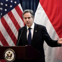 U.S. Secretary of State Antony Blinken gives a speech at the U.S. Embassy in Jakarta on Tuesday.  | POOL / VIA REUTERS