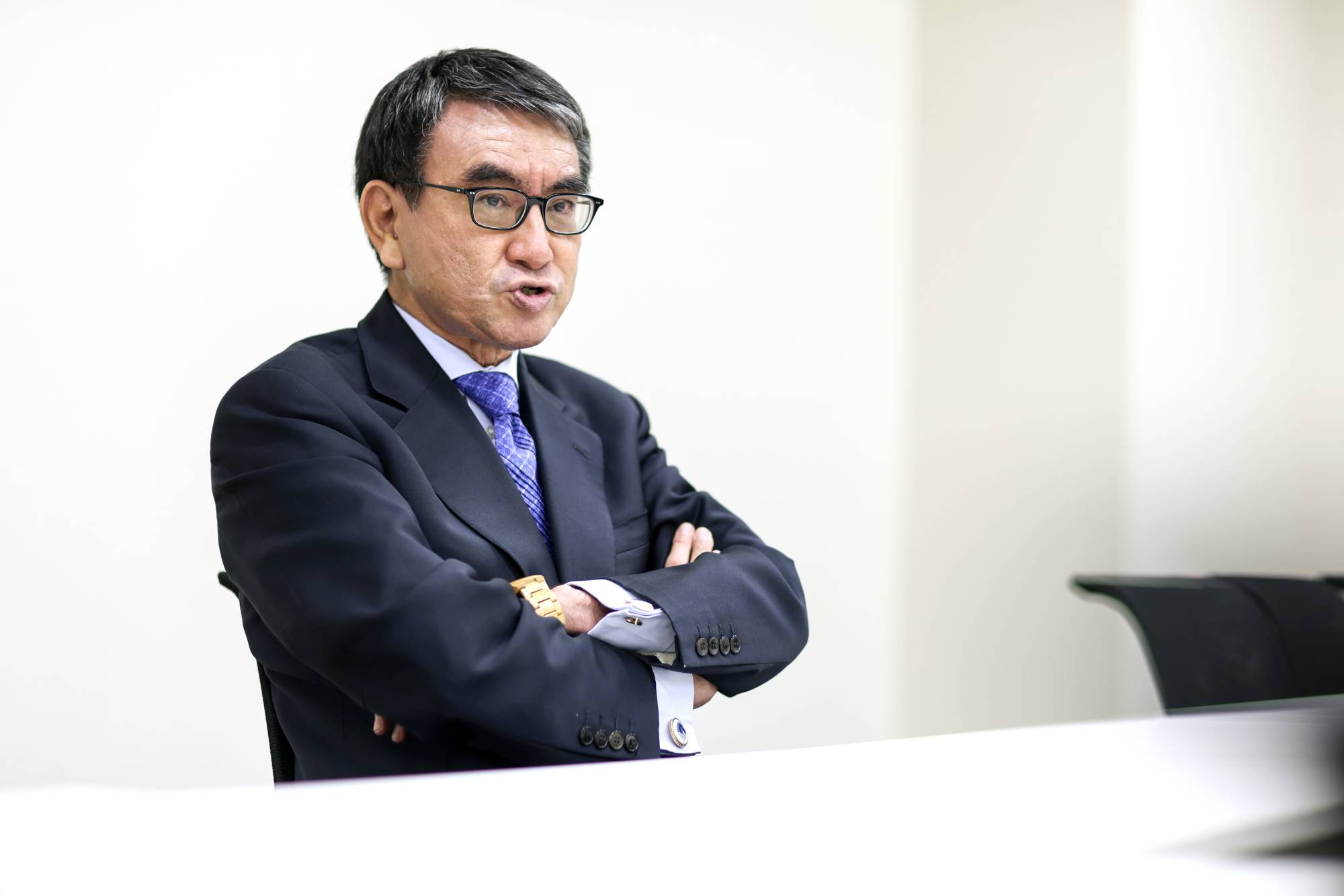 Taro Kono, former regulatory reform and vaccine minister, speaks during an interview in Tokyo on Wednesday. | BLOOMBERG