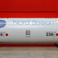 The logo of the Nord Stream 2 gas pipeline project on a pipe at a ChelPipe Group plant in Chelyabinsk, Russia, in February 2020. | REUTERS