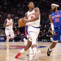 New York Knicks guard RJ Barrett (9) drives to the basket against Detroit Pistons guard Trayvon Palmer (31) in Wednesday\'s match up at Little Caesars Arena.  | RAJ MEHTA / USA TODAY / VIA REUTERS