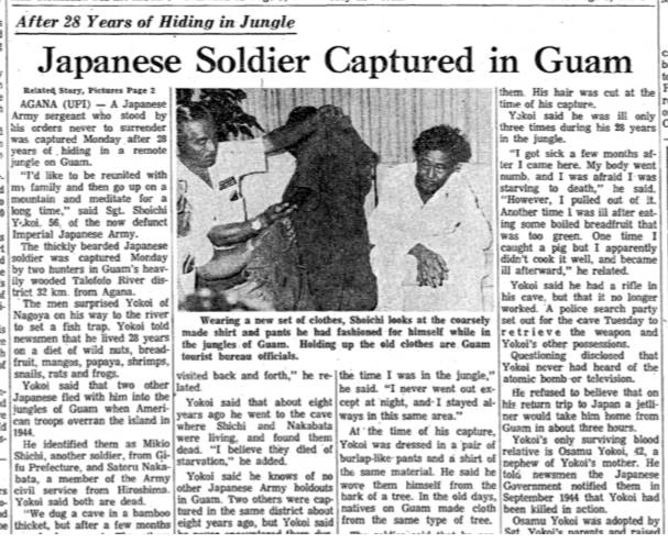 An article details the discovery of a Japanese soldier on Guam who had been instructed to 'never surrender.' | THE JAPAN TIMES
