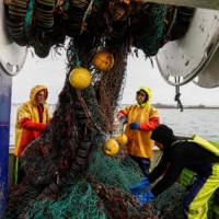 French fishermen gather their catch near the port of Saint Helier off the British island of Jersey. | AFP-JIJI