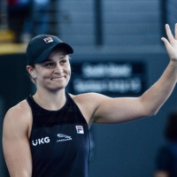 Ash Barty celebrates after defeating Sofia Kenin during the Adelaide International quarterfinals in Adelaide, Australia, on Friday. | AFP-JIJI