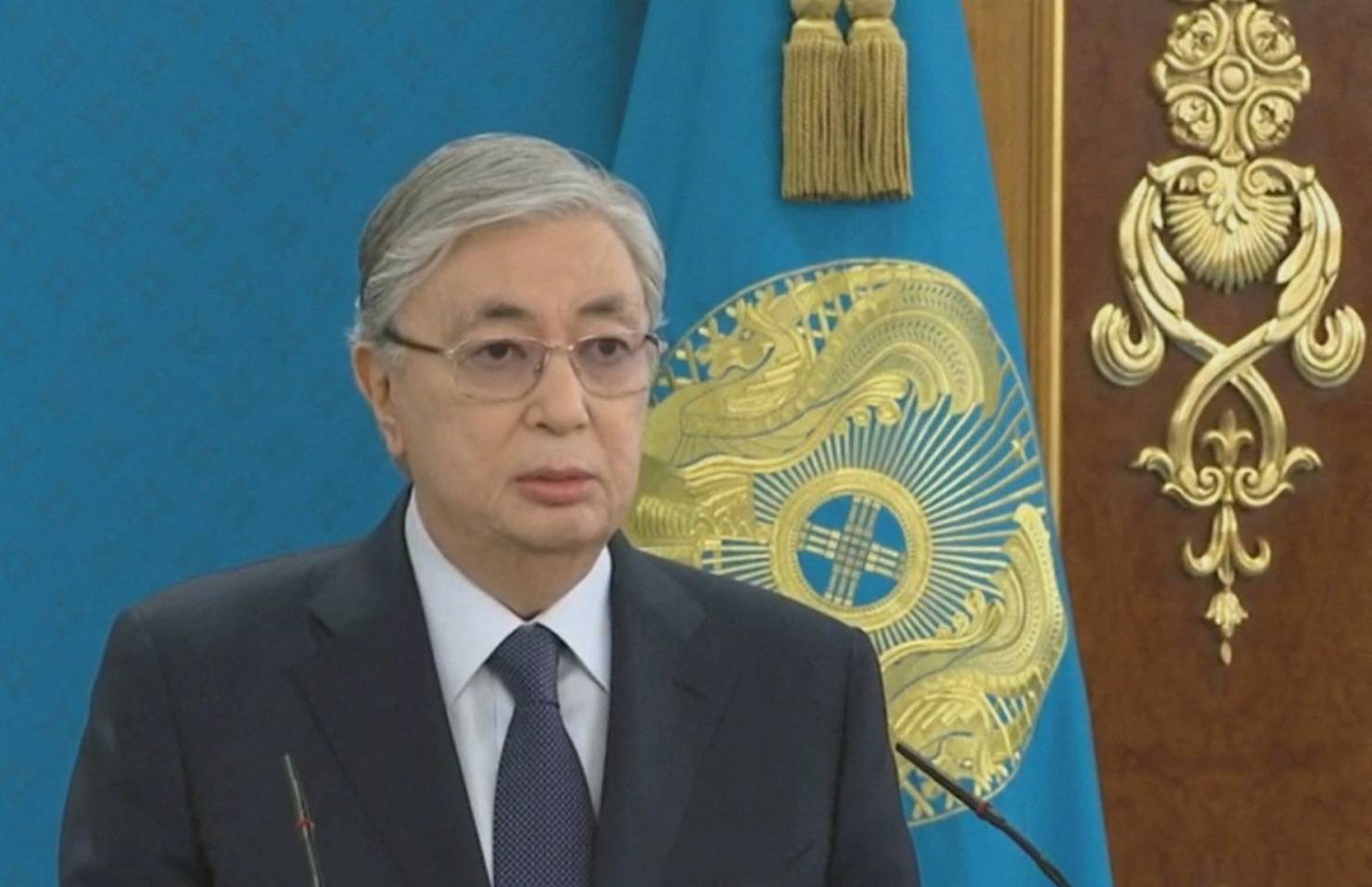 Kazakh President Kassym-Jomart Tokayev speaks during a televised address to the nation following protests triggered by a fuel price increase in Nur-Sultan, Kazakhstan on Jan. 7. | REUTERS 