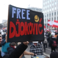 Supporters of Novak Djokovic angered at the detention of the Serbian tennis star in Australia take part in a protest in Vienna on Saturday. | AFP-JIJI