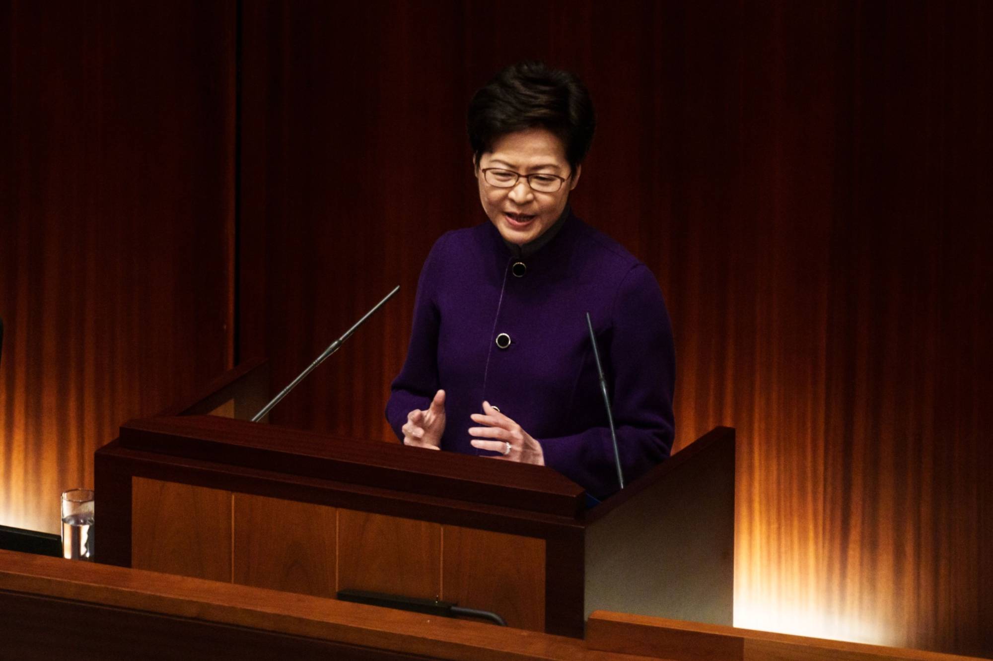 Carrie Lam, Hong Kong's chief executive, speaks during a session of the Legislative Council in Hong Kong on Wednesday. | Bloomberg 