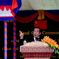 Cambodian Prime Minister Hun Sen speaks during a ceremony in Phnom Penh in September.  | POOL / VIA REUTERS