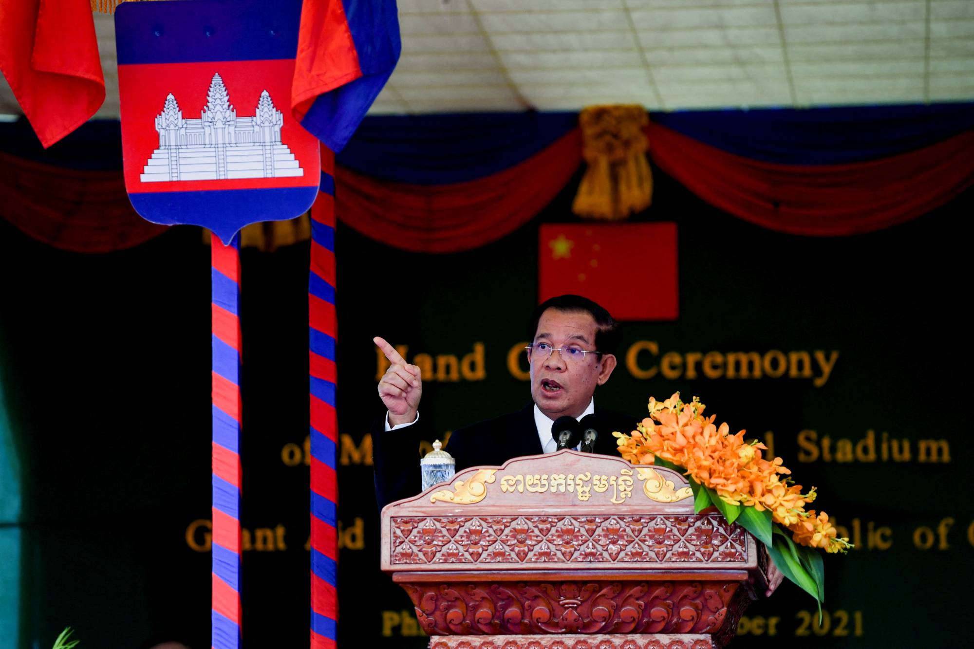 Cambodian Prime Minister Hun Sen speaks during a ceremony in Phnom Penh in September. | Pool / via REUTERS