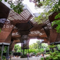 Designed by Plan B Architects in Medellin, Colombia, the Orquideorama structure resembles a bouquet of giant wooden flowers that stretch more than fifty feet into the air forming a large canopy for patrons to enjoy. | PICTURE COURTESY OF ONEIL WILLIAMS AND UNSPLASH
