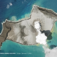A Planet SkySat image shows a plume of smoke rising from the underwater volcano Hunga Tonga-Hunga Ha\'apai days before its eruption on January 15. | REUTERS