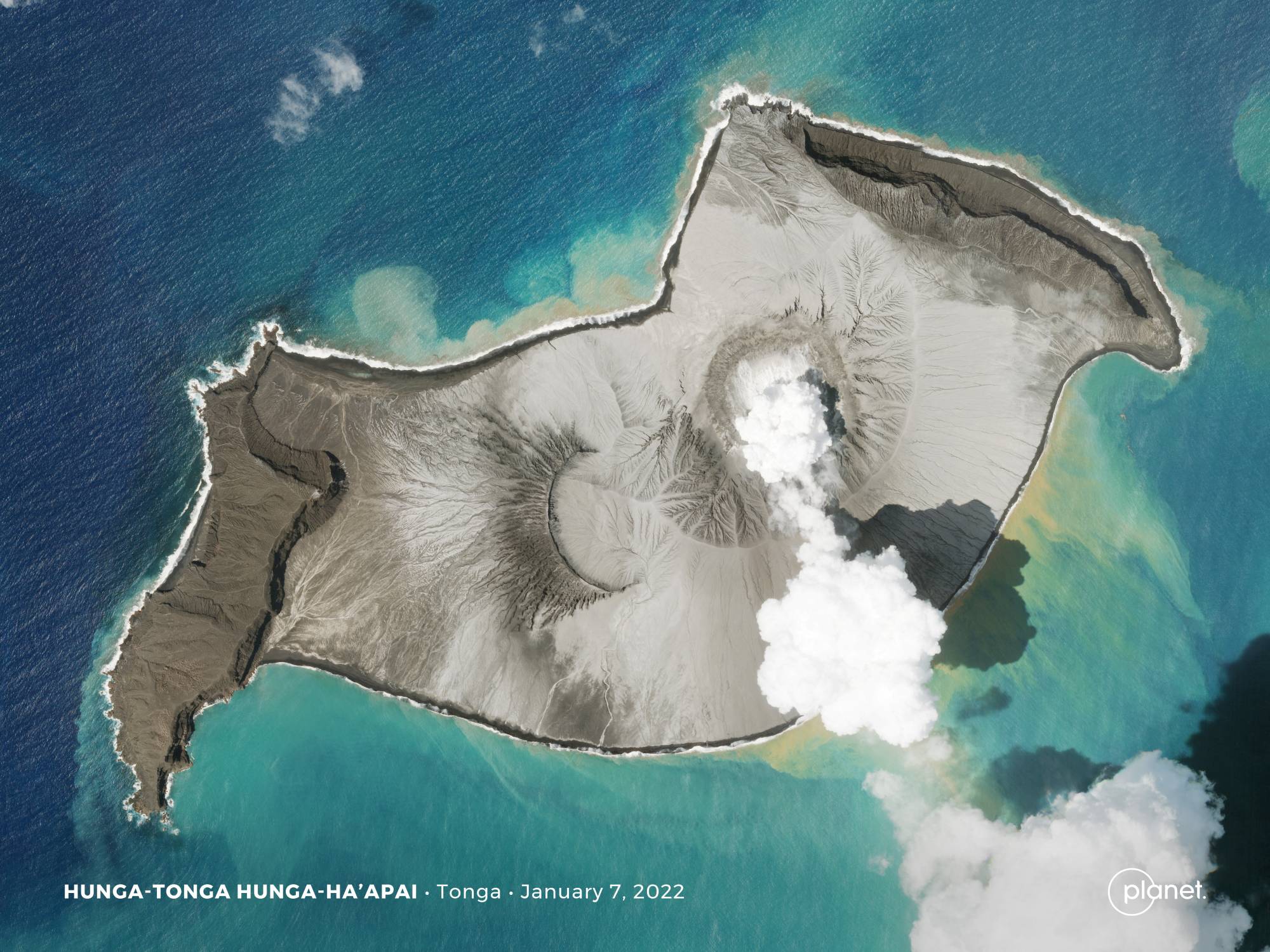 A Planet SkySat image shows a plume of smoke rising from the underwater volcano Hunga Tonga-Hunga Ha'apai days before its eruption on January 15. | REUTERS