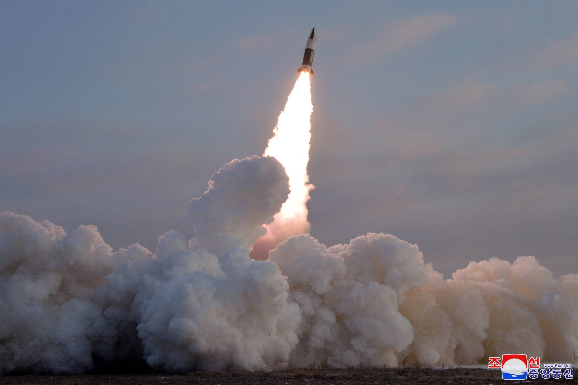 A 'tactical guided missile' is launched at an undisclosed location North Korea in this photo released Tuesday. | KCNA / VIA REUTERS