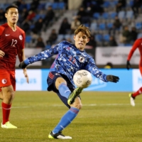 Japan\'s Kyosuke Tagawa controls the ball during an EAFF E-1 Football Championship match against Hong Kong in Busan, South Korea, on Dec. 14, 2019. | REUTERS