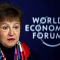 IMF Managing Director Kristalina Georgieva speaks at a news conference ahead of the World Economic Forum in Davos, Switzerland, on Thursday.  | REUTERS