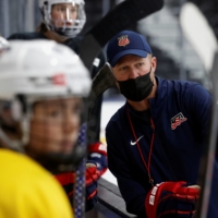 Team U.S.A. head coach Joel Johnson during a practice day between their two international hockey exhibition games against Team Canada on Dec. 16, 2021.  | REUTERS