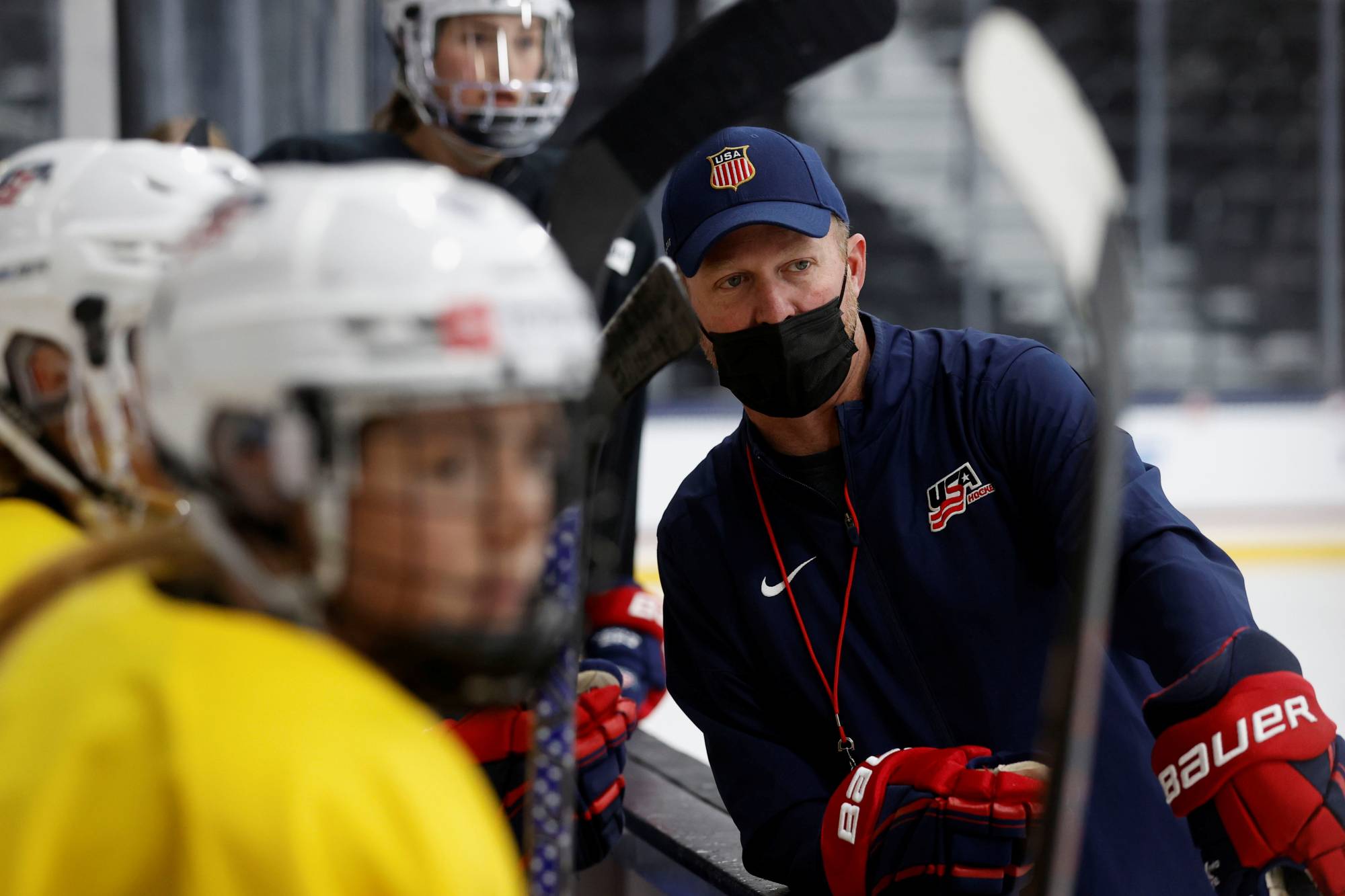 Team U.S.A. head coach Joel Johnson during a practice day between their two international hockey exhibition games against Team Canada on Dec. 16, 2021. | Reuters