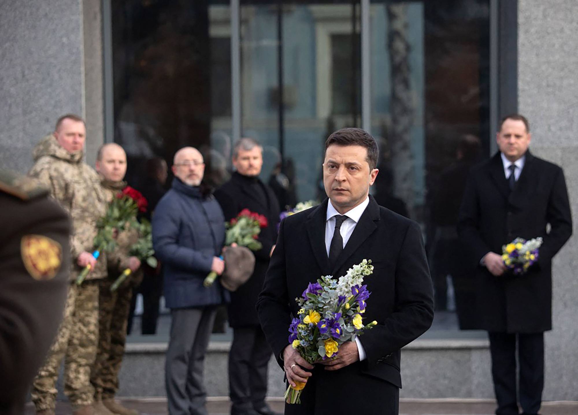 Ukrainian President Volodymyr Zelenskyy takes part in an event at the Memorial Bell, located on the territory of the Ministry of Defense in Kyiv, on Jan. 20. | Ukrainian President press service / via AFP-Jiji