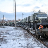 A train carrying Russian military equipment arrives for drills in Belarus on Jan. 18. 
 | BELARUS DEFENSE MINISTRY / VIA AFP-JIJI 