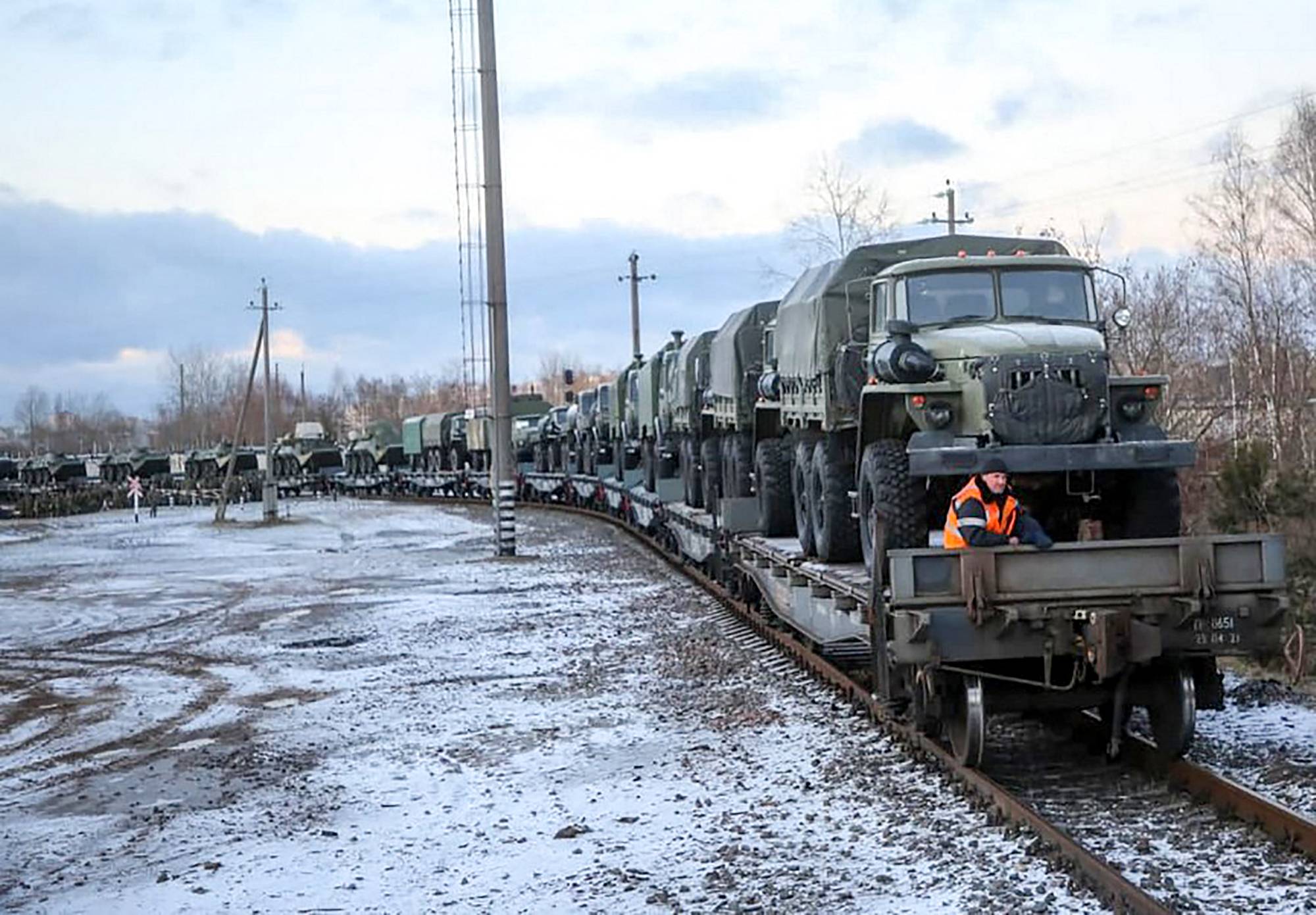 A train carrying Russian military equipment arrives for drills in Belarus on Jan. 18. | Belarus Defense Ministry / via AFP-Jiji 