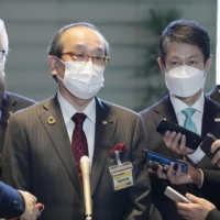 Hiroshima Mayor Kazumi Matsui (left) and Hiroshima Gov. Hidehiko Yuzaki speak to reporters after meeting with Prime Minister Fumio Kishida at the Prime Minister\'s Office on Thursday. | KYODO