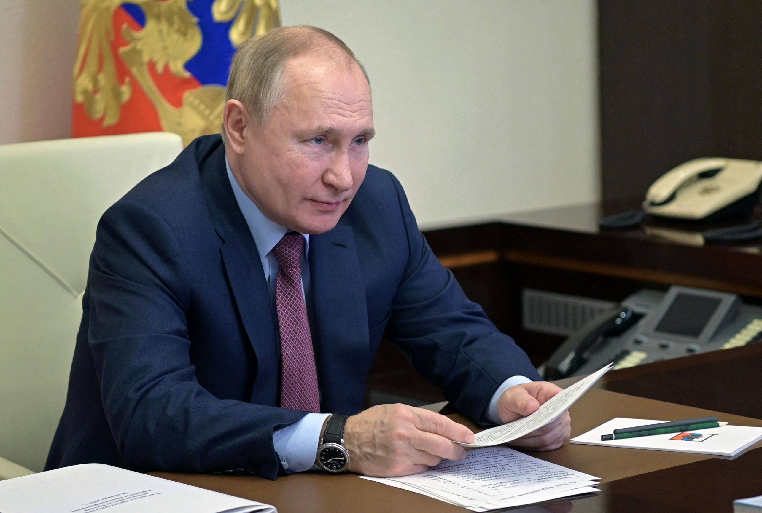 Russia's President Vladimir Putin chairs a meeting with Italian businessmen via a video conference at the Novo-Ogaryovo residence outside Moscow, on Wednesday. | AFP-jiji