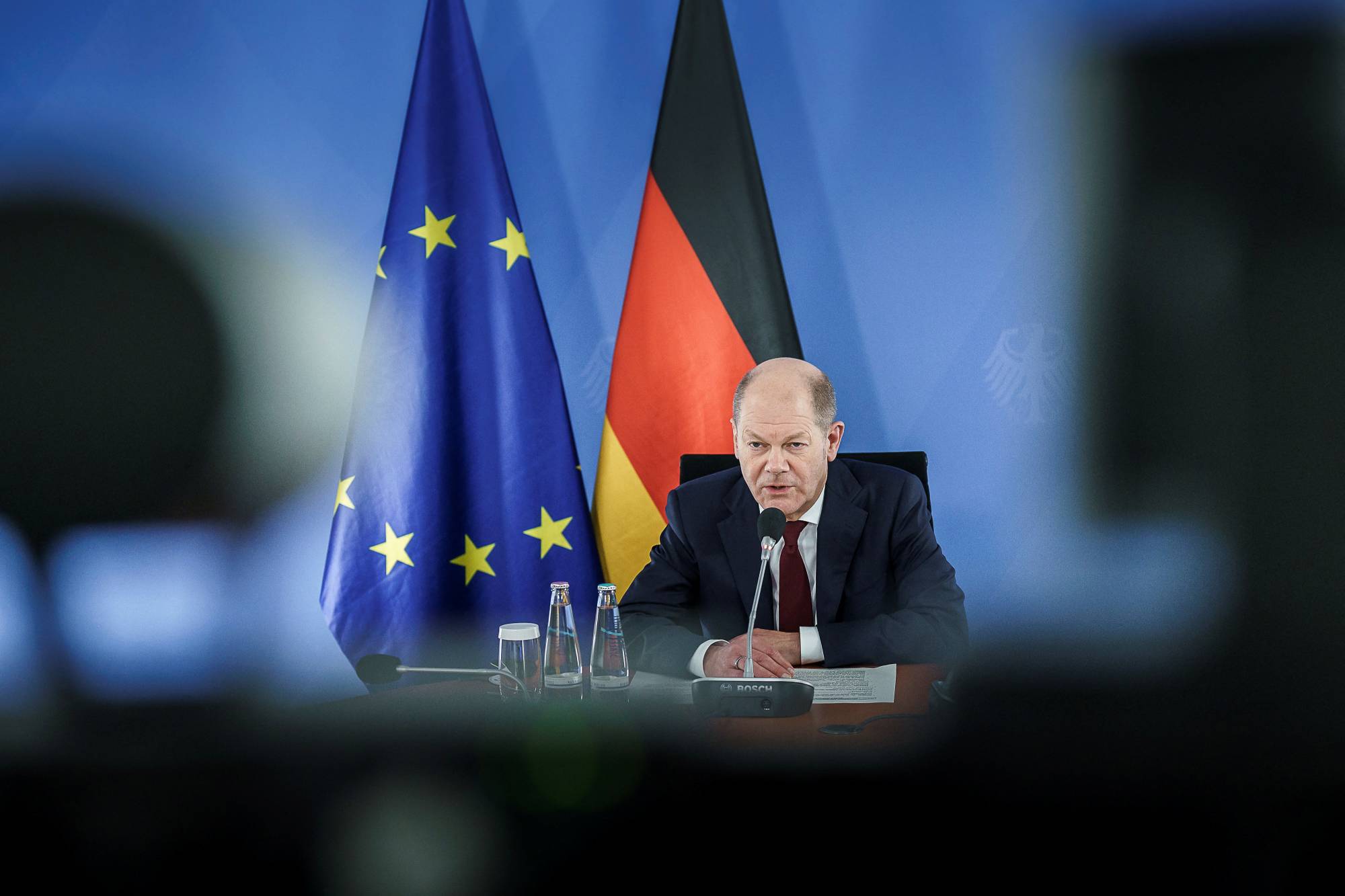 German Chancellor Olaf Scholz speaks with U.S. President Joe Biden and European leaders in a videoconference about Russia and Ukraine from the Chancellery in Berlin on Monday.  | REUTERS