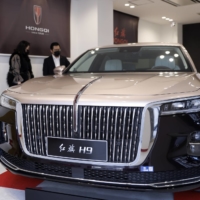 A China FAW Group Co. Hongqi brand H9 G4 vehicle is on display at the company\'s showroom in Osaka on Thursday. | BLOOMBERG