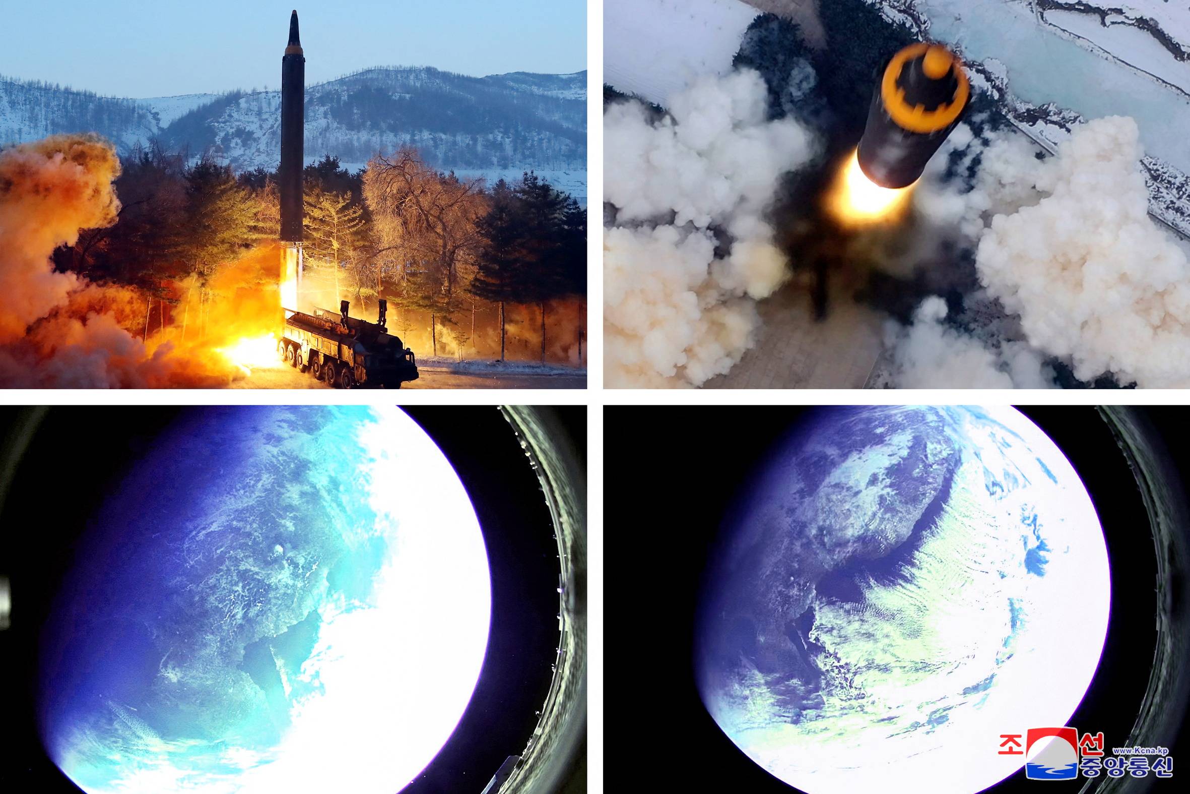A combination image shows a North Korean Hwasong-12 intermediate-range ballistic missile test that was carried out Sunday, along with pictures reportedly taken from outer space with a warhead-mounted camera, in this image released Monday.  | KCNA / VIA REUTERS