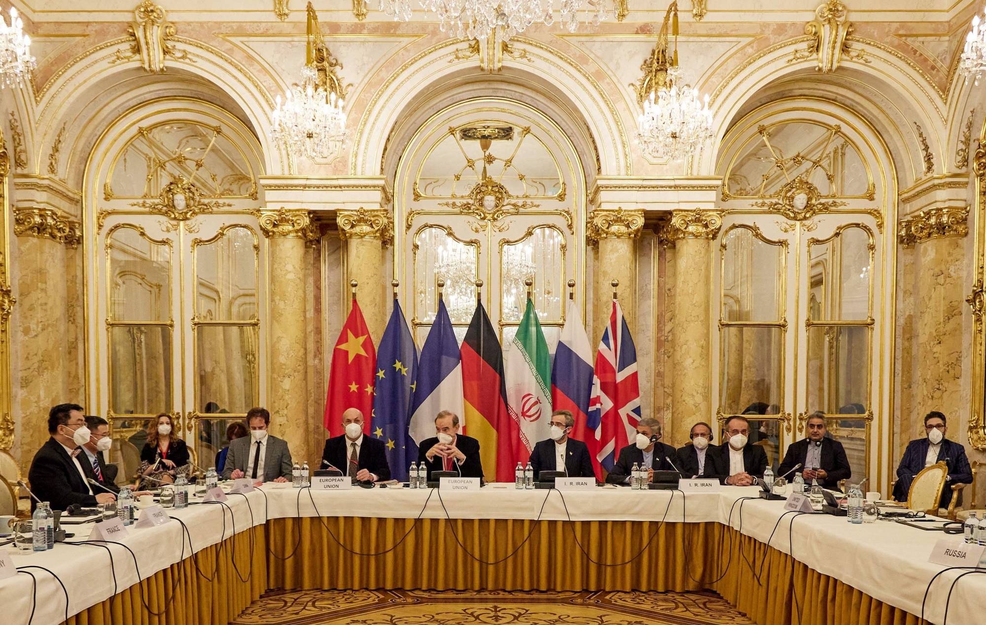 Representatives attend a meeting of the joint commission on negotiations aimed at reviving the Iran nuclear deal in Vienna in this image released last month. | EU DELEGATION IN VIENNA / VIA AFP-JIJI