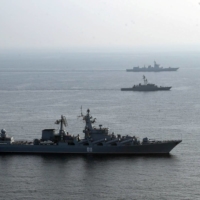 Warships during a joint naval exercise of the Iranian, Chinese and Russian navies in the northern Indian Ocean on Jan. 19. | IRANIAN ARMY / WEST ASIA NEWS AGENCY / VIA REUTERS