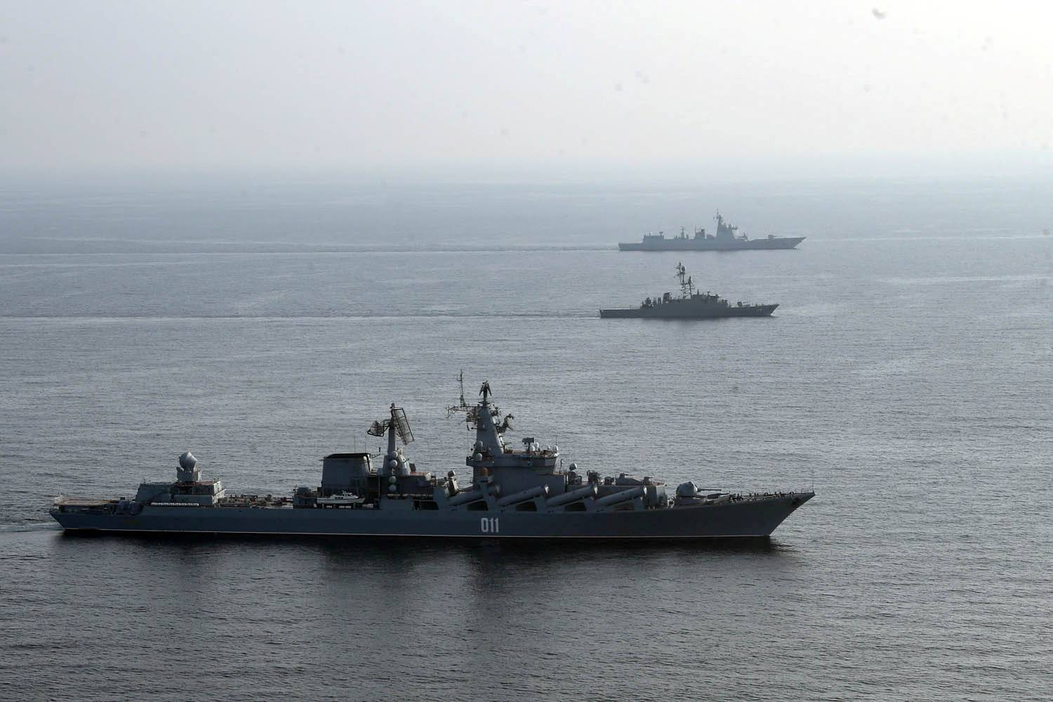 Warships during a joint naval exercise of the Iranian, Chinese and Russian navies in the northern Indian Ocean on Jan. 19. | Iranian Army / West Asia News Agency / via REUTERS
