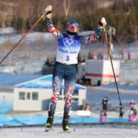 Therese Johaug of Norway celebrates after winning Olympic gold in the women\'s skiathlon.  | REUTERS