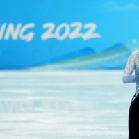 Yuzuru Hanyu of Japan reacts after his performance in the short program portion of the men\'s single skating event at the 2022 Winter Olympics in Beijing on Tuesday. | REUTERS