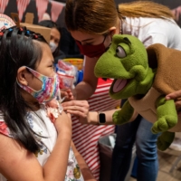 A turtle hand puppet is used to entertain a child while she receives her first dose of Pfizer COVID-19 vaccine, during the vaccine rollout for children from age 5 to 11 at a mall in Taguig City, Metro Manila, Philippines, on Feb. 7. | REUTERS